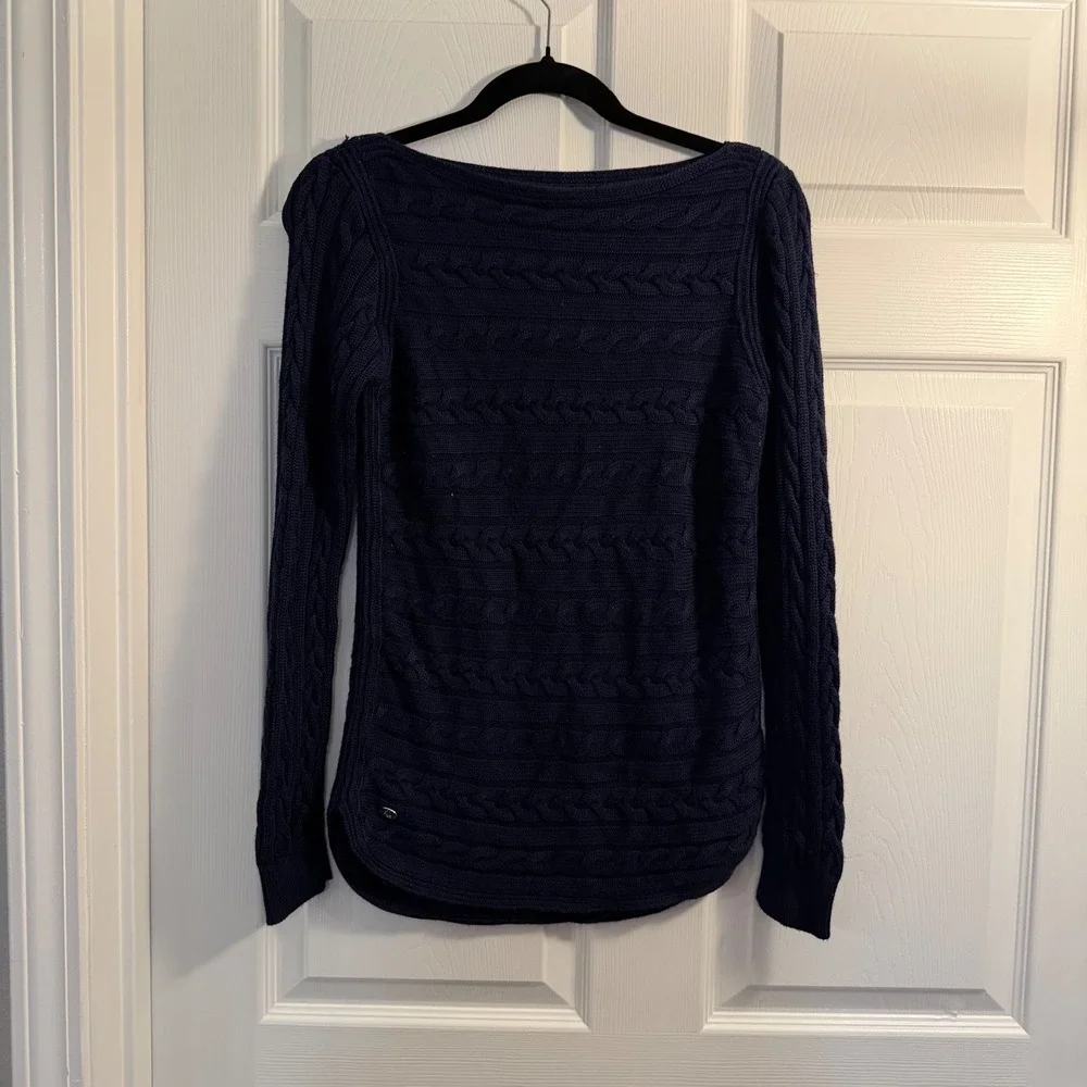Lauren Ralph Lauren Cable‎ Knit Sweater Navy Blue Small Boat Neck Classic Casual